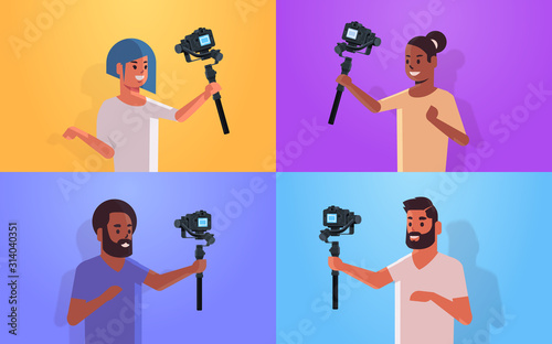 set bloggers holding stabilizer with camera live streaming broadcast social media networking blogging concept mix race men women streamers recording video taking selfie photo portrait horizontal