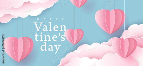Valentines day background.Origami made heart hanging on the cloud. Vector illustration.banners.Wallpaper.Paper cut style.