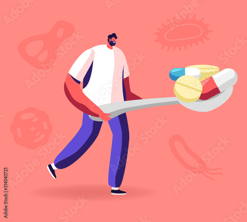 Man Carry Huge Spoon Full of Medicine Pills with Various Microbes, Viruses and Bacteria Flying around. Illness Prevention, Disease Treatment Pandemic Spreading Concept Cartoon Flat Vector Illustration