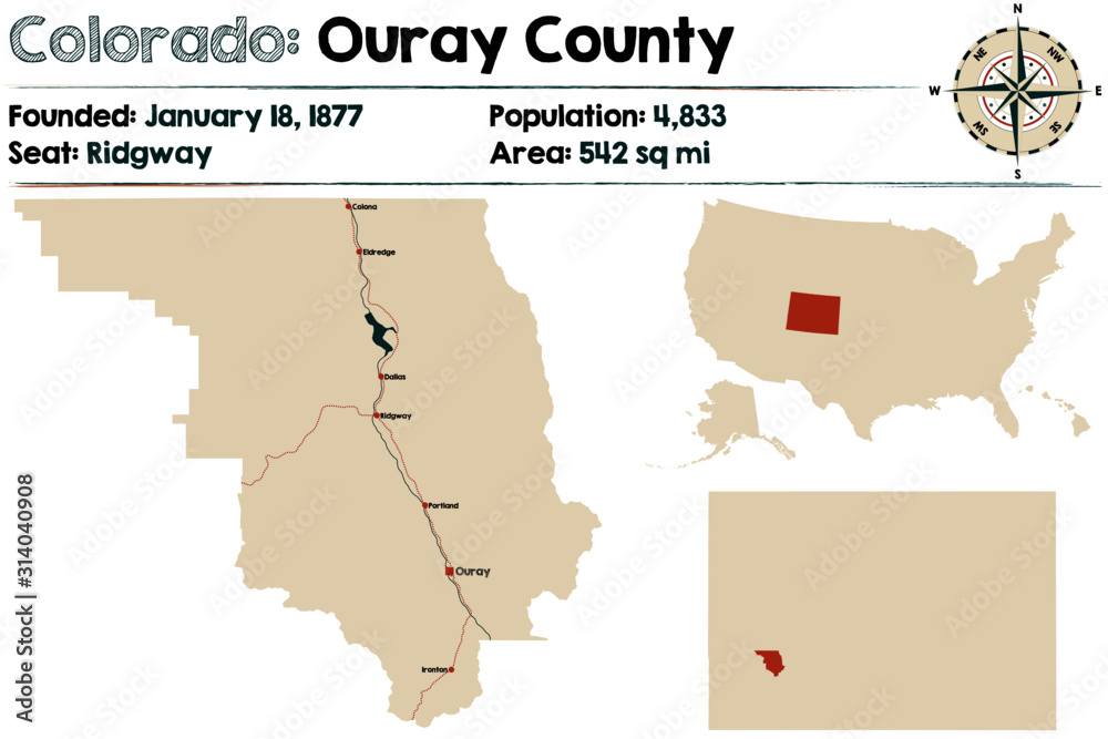 Large and detailed map of Ouray county in Colorado, USA.
