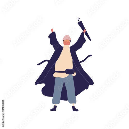 Man who feels happy because the rain is over isolated on white background