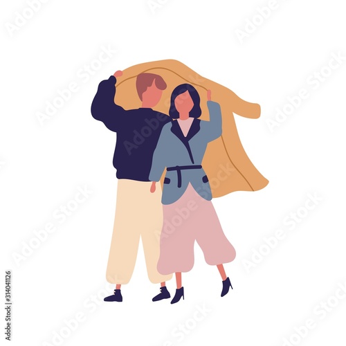 Couple together under raincoat flat vector illustration