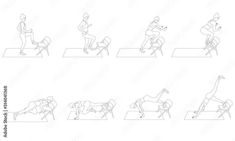Naklejka premium Set of young girls doing exercises in the gym. Beautiful woman doing exercises with chair. Flat vector illustration. Line design.