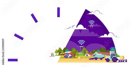 smart farm with drones tractors combine harvester 5g wireless internet connection automation farming concept innovation technology agricultural company horizontal vector illustration