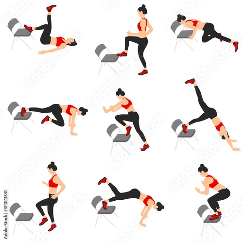 Set of young girls doing exercises in the gym. Beautiful woman doing exercises with chair. Flat vector illustration. Line design.