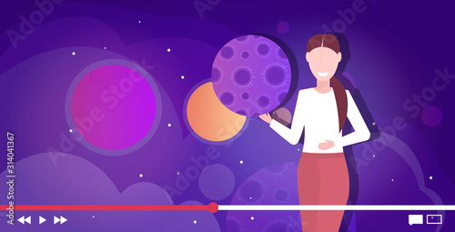 blogger recording online video solar system exploration astronomy lesson blogging concept woman giving educational trainingportrait horizontal vector illustration