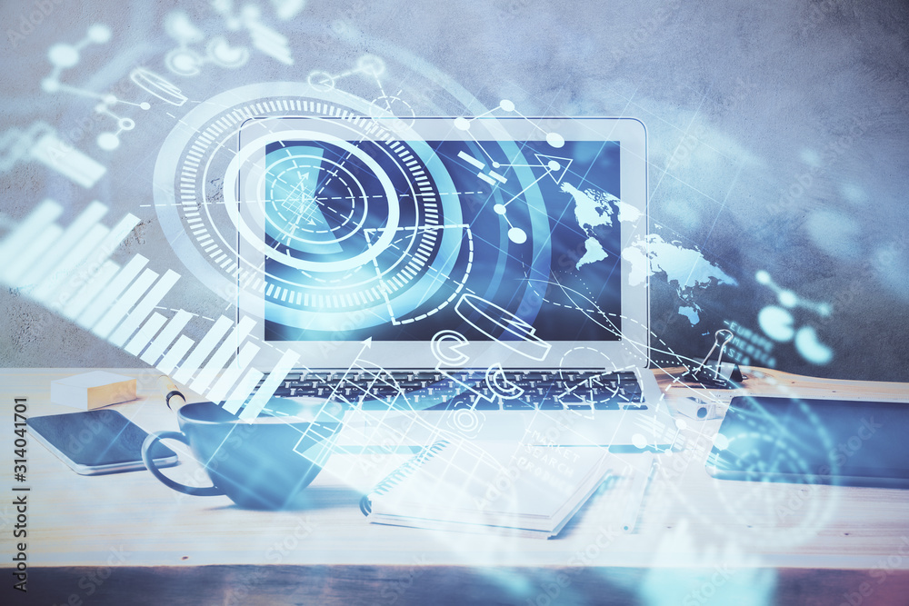 Multi exposure of business theme icons and work space with computer background. Concept of success. Multi exposure of business theme icons and work space with computer background. Concept of success.