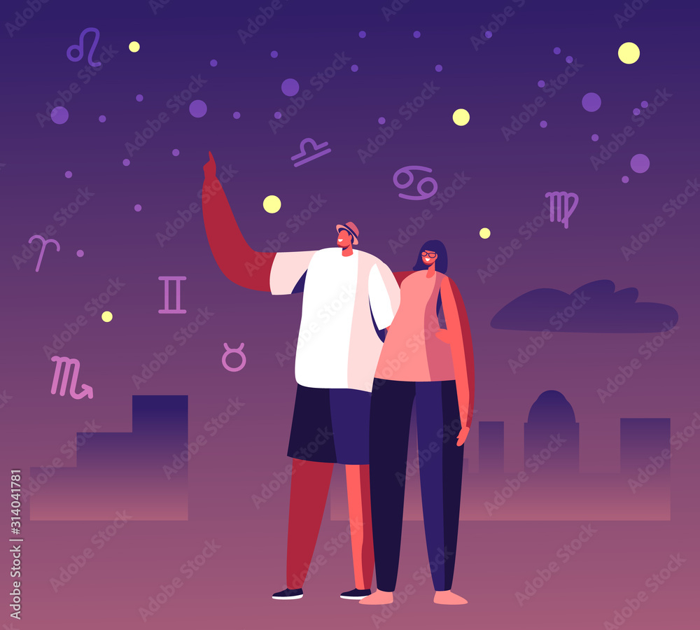Happy Couple Spend Time Together, Man Hugging Girlfriend by Waist Pointing with Finger on Night Sky Showing Falling Star and Zodiac Constellations. Love Relations Cartoon Flat Vector Illustration Happy Couple Spend Time Together, Man Hugging Girlfriend by Waist Pointing with Finger on Night Sky Showing Falling Star and Zodiac Constellations. Love Relations Cartoon Flat Vector Illustration