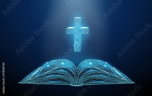 Abstract low poly open bible with cross.