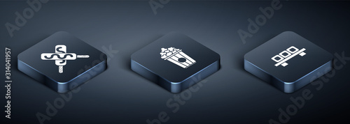 Set Isometric Ice cream, Sushi on cutting board and Popcorn in cardboard box icon. Vector