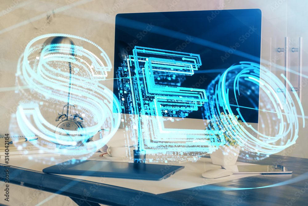 Multi exposure of table with computer and seo drawing hologram. Search optimization concept. Multi exposure of table with computer and seo drawing hologram. Search optimization concept.