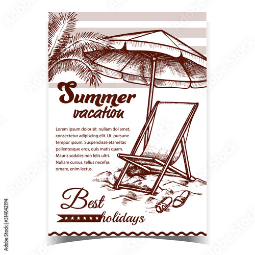 Summer Vacation Beach Advertise Banner Vector. Relax Deck Chair With Umbrella And Slippers Parasol And Sneakers On Beach Sand. Coast Tool Template Designed In Retro Style Monochrome Illustration