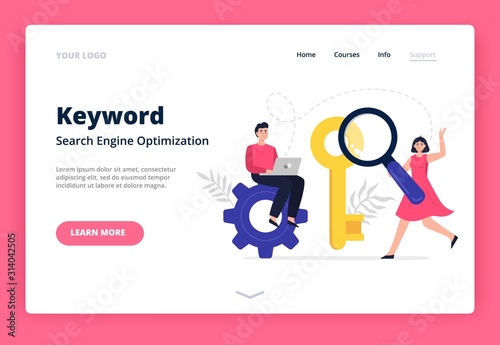Landing page template on Search Engine Optimization theme. Web developers with magnifying glass searching for keywords to improve website page rank. Flat Vector illustration.