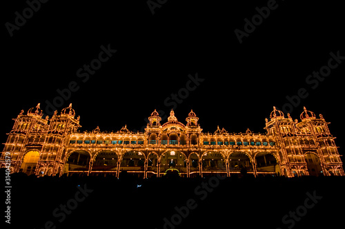 Mysore palace front view at night with lights