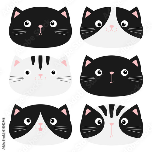 Fototapeta Naklejka Na Ścianę i Meble -  Cat head face icon set. Black and white color. Funny Kawaii smiling baby animal. Different emotion. Cute cartoon funny character. Pet collection. Flat design. Kids background. Isolated.