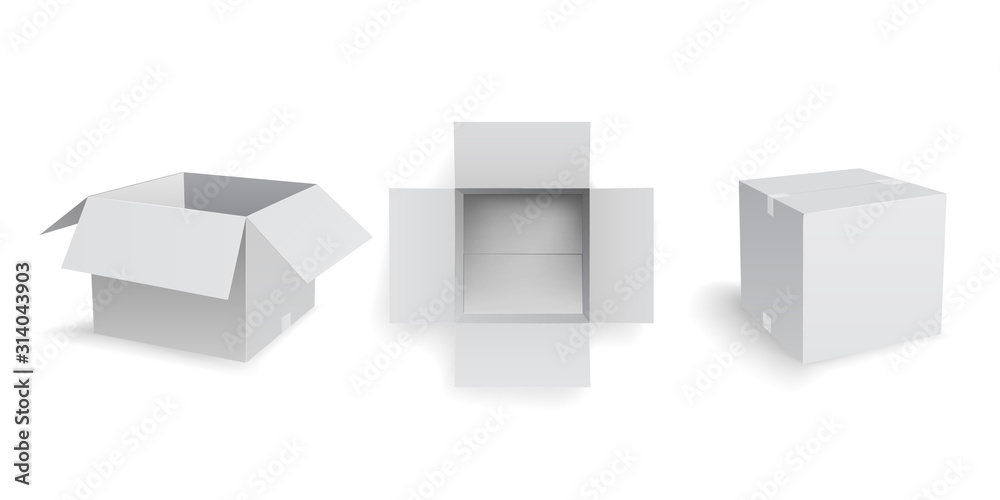 Three White Opened Cardboard Box Mockup Vector Illustration Isolated on White Background Three White Opened Cardboard Box Mockup Vector Illustration Isolated on White Background