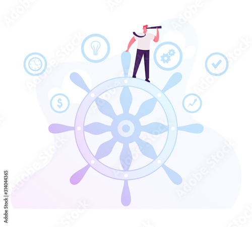 Business Success, Challenge Concept. Businessman Staying on Huge Steering Wheel Looking through Spy Glass. Professional Manager Career Direction, Corporate Governance Cartoon Flat Vector Illustration