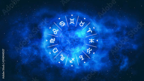 Blue astrological wheel with zodiac symbols and night starry sky. Horoscope background digital illustration.
