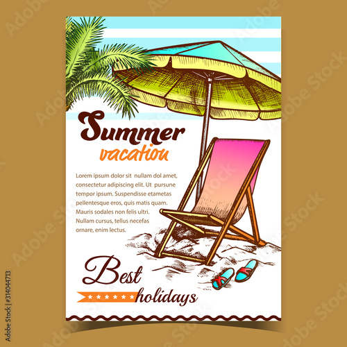 Summer Vacation Beach Advertise Banner Vector. Relax Deck Chair With Umbrella And Slippers Parasol And Sneakers On Beach Sand. Coast Tool Template Designed In Retro Style Colorful Illustration