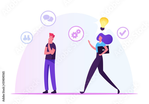 Agile Development Methodology Concept. Thoughtful Businessman Thinking of Project Using Agile Technology, Businesswoman Have Idea to Share. Business Strategic Planning Cartoon Flat Vector Illustration