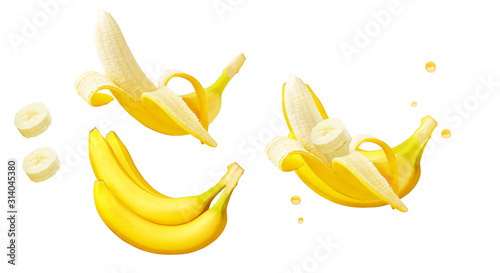 Fresh ripe bunch of bananas, whole, peeled, sliced banana fruit set isolated. Banana fruit design elements composition, focus stacking, white background. Tasty raw tropical fruit, healthy nutrition