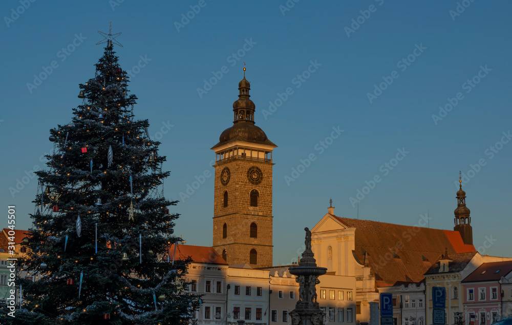 Centre of Ceske Budejovice city with old houses and towers and rivers
