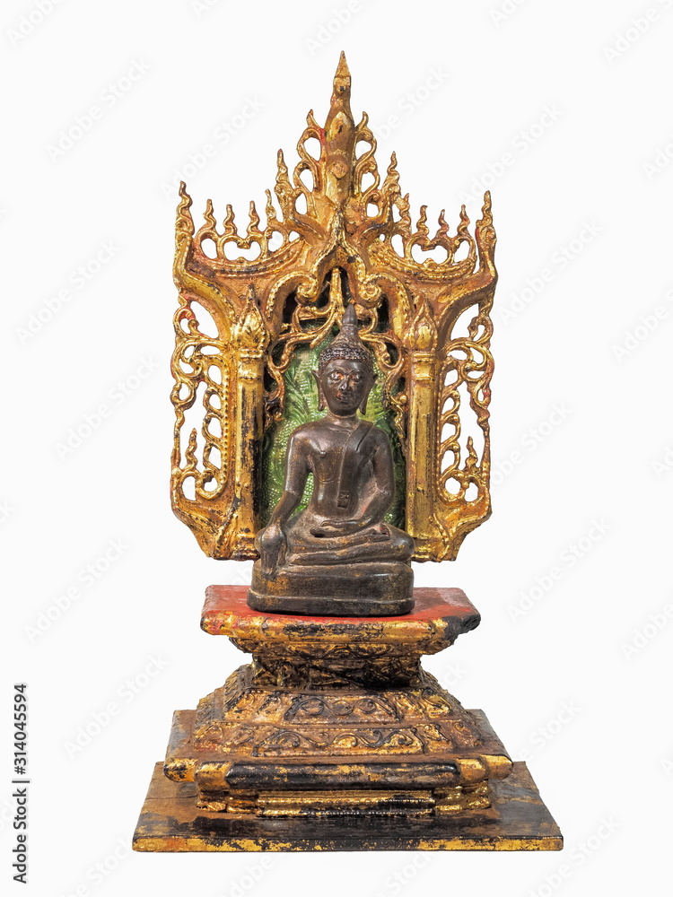 Fototapeta premium view of ancient bronze seated Chiang Saen buddha statue on gilded wooden base isolated on white background, early Chiang Saen period, Lanka Style Art, 11th-13th Century. 