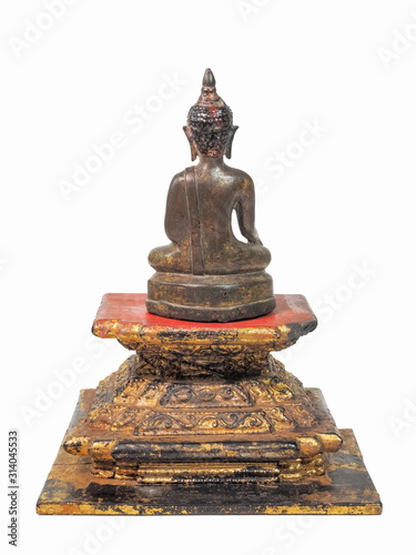 view back of  bronze seated Chiang Saen buddha statue on gilded wooden base isolated on white background, early Chiang Saen period, Lanka Style Art, 11th-13th Century.  photo