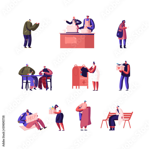 Donation and Charity Set. Male and Female Characters Bringing Boxes with Different Things and Clothes for Poor Homeless People Appears in Complicated Life Situation. Cartoon Flat Vector Illustration