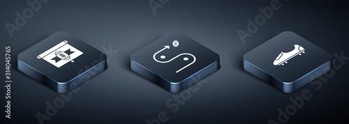 Set Isometric American football on tv program, Soccer or football shoes with spikes and Planning strategy concept icon. Vector