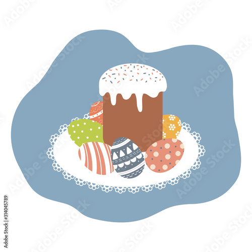 Set of cute decorated Easter eggs and kulich on white openwork vintage doily. Collection of symbols of religious holiday covered with patterns - dots, flowers, stripes. Holiday flat illustration