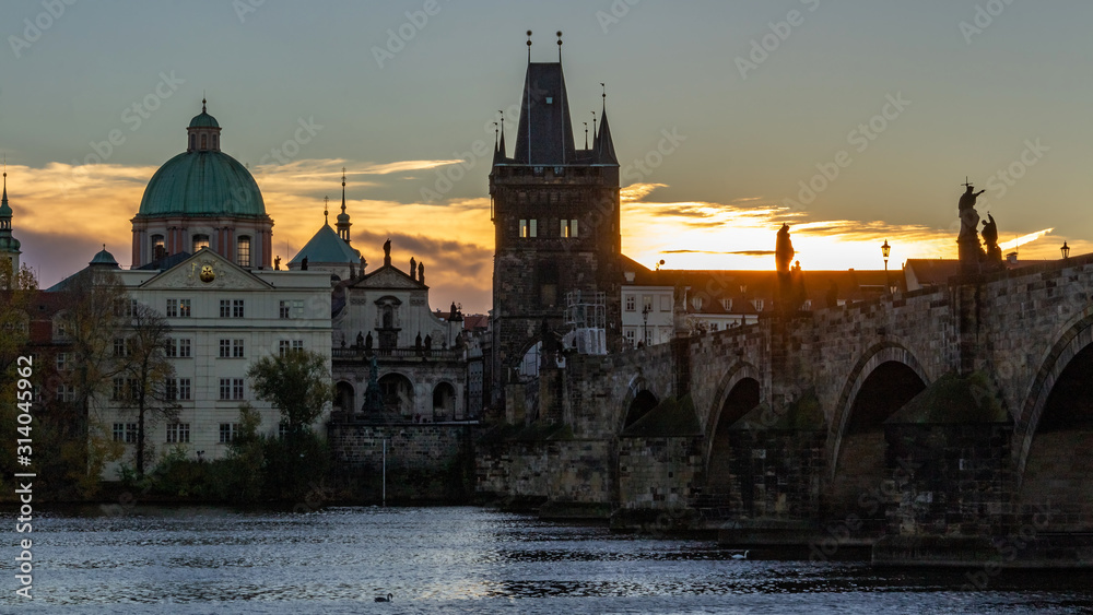 Charles Bridge at sunset. Prague.Czech Republic