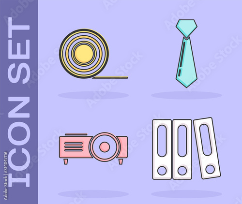 Set Office folders with papers and documents, Scotch, Presentation, movie, film, media projector and Tie icon. Vector