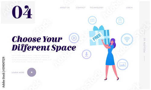 Free Download Internet and Torrent Network Service Website Landing Page. Woman Holding Huge Wrapped Gift Box in Hands with Media Icons for App around Web Page Banner. Cartoon Flat Vector Illustration