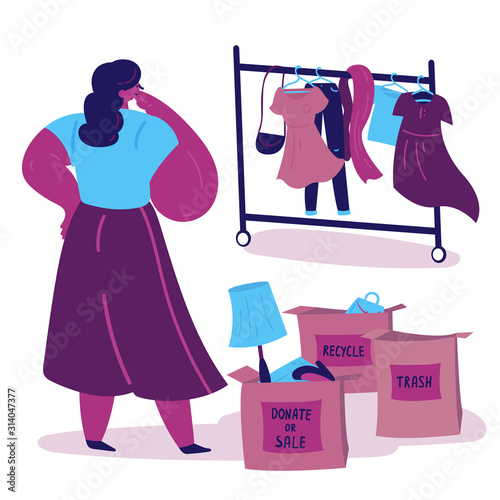 Young woman sorts clothes and things and thinks in what box to put them.Three boxes for sorting with inscriptions -donate,sale,trash.Minimalistic lifestyle concept.Conscious consumption.Illustration