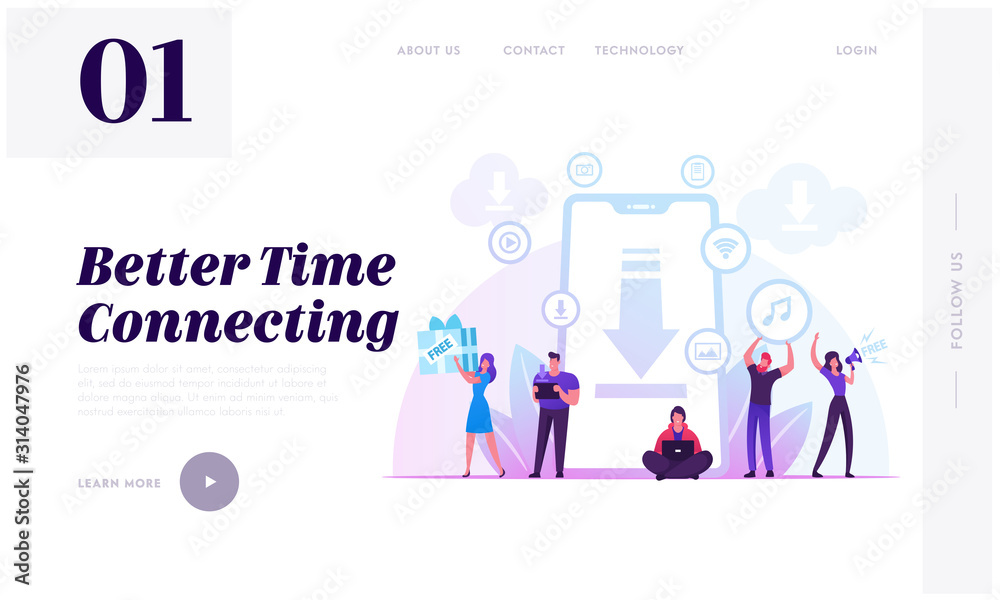 Free Download Website Landing Page. Characters at Huge Smartphone Transfer and Sharing Files Using Torrent Servers Services. Online Media Shopping Web Page Banner. Cartoon Flat Vector Illustration