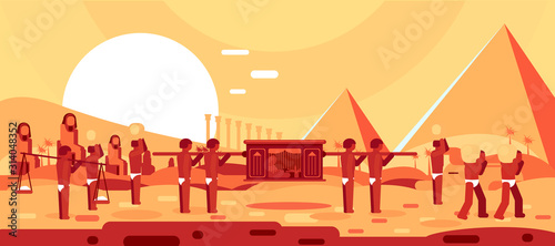 Construction of Egyptian pyramids. Slaves move blocks for building. Vector illustration
