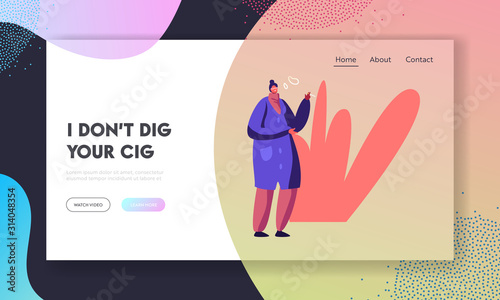 Health Care Social Problem Website Landing Page. Woman Enjoying Smoking Cigarette and Blowing Rings of Smoke. Female Character Having Drug Addiction Web Page Banner. Cartoon Flat Vector Illustration