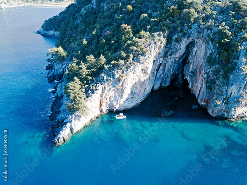 Aerial view of rocky coastline around Dalyan Fethiye Turkey