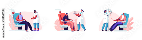 Blood Donation Set. Volunteer Characters Sitting in Medical Hospital Chairs Donating Blood. Doctor or Nurse Take Lifeblood to Test Flasks. World Donor Day, Health Care Cartoon Flat Vector Illustration