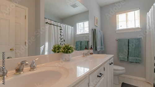 Panorama Modern luxury white bathroom interior in house © Jason
