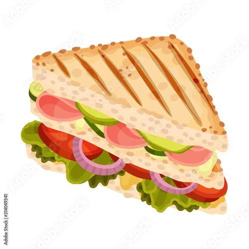 Tasty Triangle Sandwich with Cucumber, Tomato, Onion, Lettuce, Avocado and Ham Vector Illustration