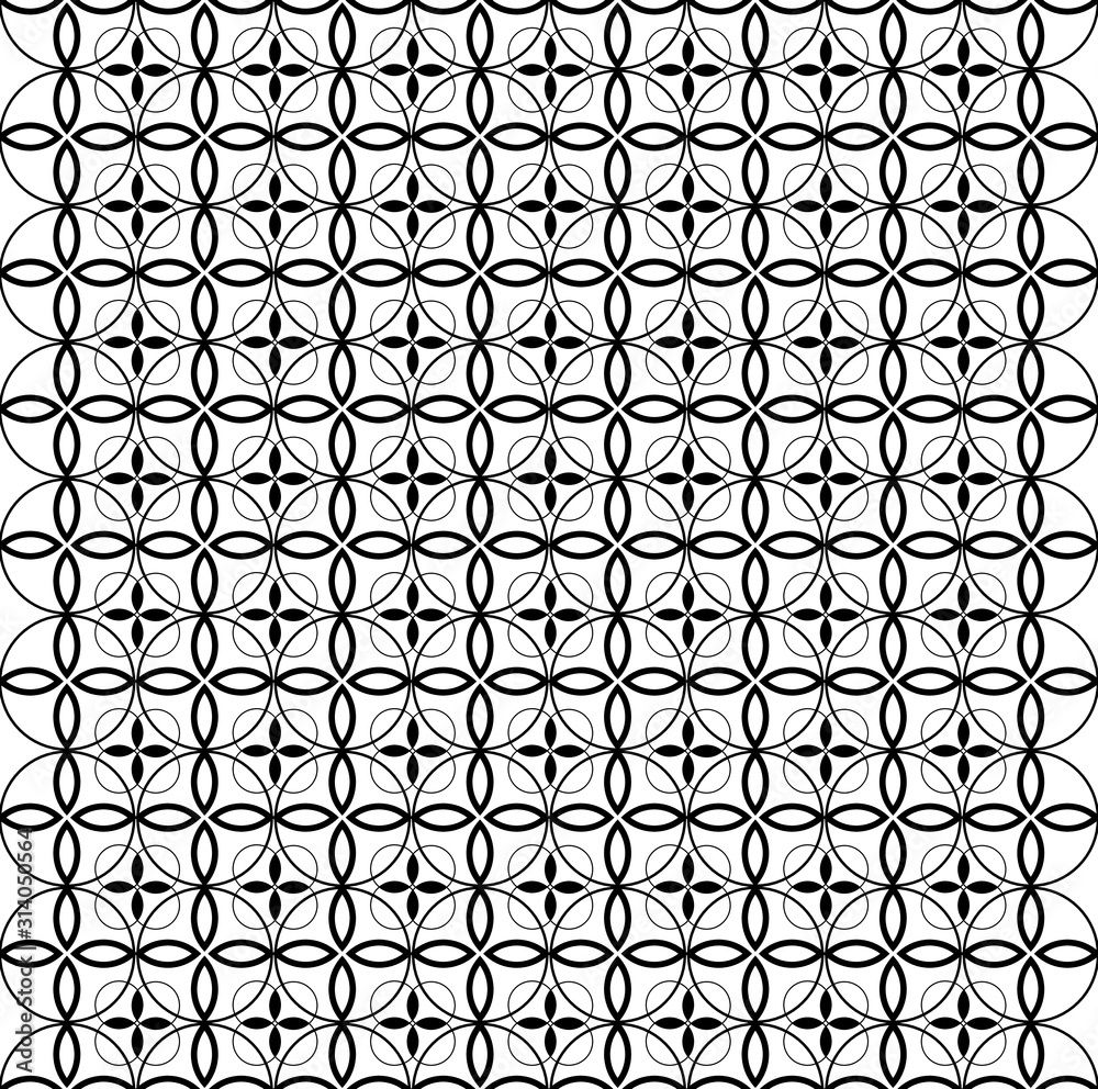 Seamless geometric pattern of circles and floral motifs. Clothing fabric print. Decorative black and white minimal pattern. Abstract print.