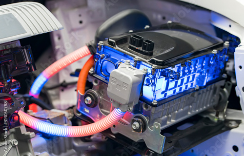 Fotografie Electric car lithium battery pack and power connections