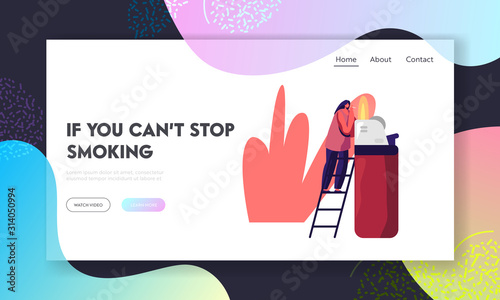 Smoking Addiction Causing Harm to Health Problem, Cancer Website Landing Page. Tiny Woman Stand on Ladder Light Cigarette from Huge Burning Lighter Web Page Banner. Cartoon Flat Vector Illustration