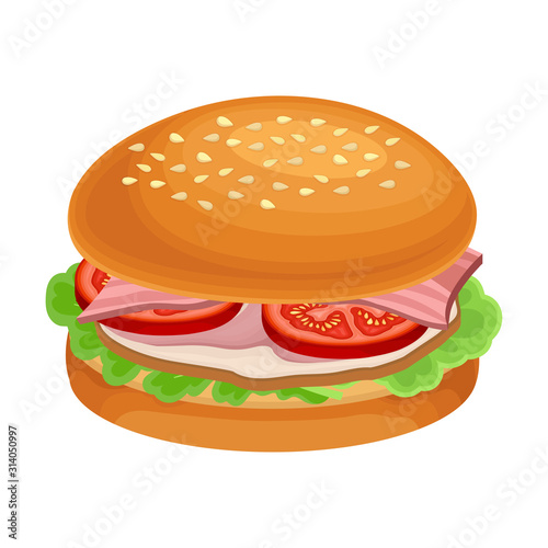 Burger with Sliced Tomato and Bacon Isolated on White Background Vector Illustration