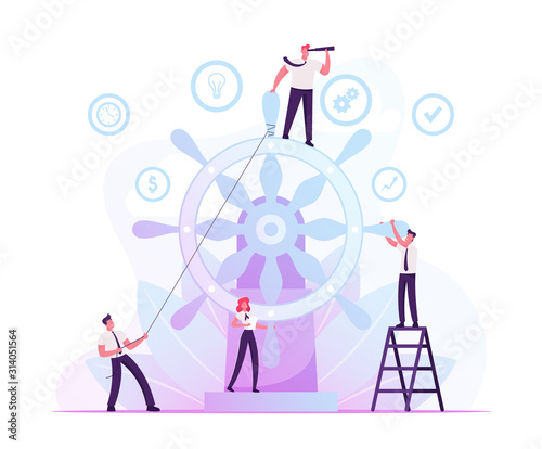 Corporate Governance and Team Work Concept. Group of Businesspeople Trying to Move Huge Steering Wheel under Management of Businessman with Spy Glass Stand on Top. Cartoon Flat Vector Illustration
