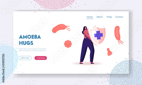 Epidemiology Website Landing Page. Woman Hold Shield with Cross Sign. Sanitary Condition Prevention and Virus Protection Microscopic Bacteria Infection Web Page Banner Cartoon Flat Vector Illustration