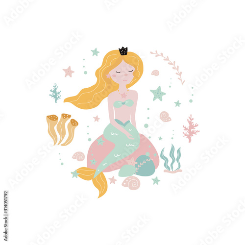 Set of decorative elements on a sea theme with a mermaid on a white background. Vector illustration for printing on fabric, postcard, packaging paper, gift products, Wallpaper, clothing. Cute baby bac