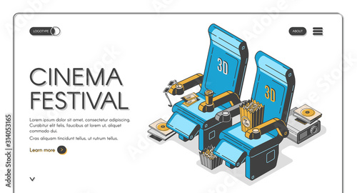 Cinema festival isometric web banner movie chairs with popcorn box, 3d glasses, ticket, coffee cup, film projector with cd disk on retro colored background. Vector illustration, line art, landing page